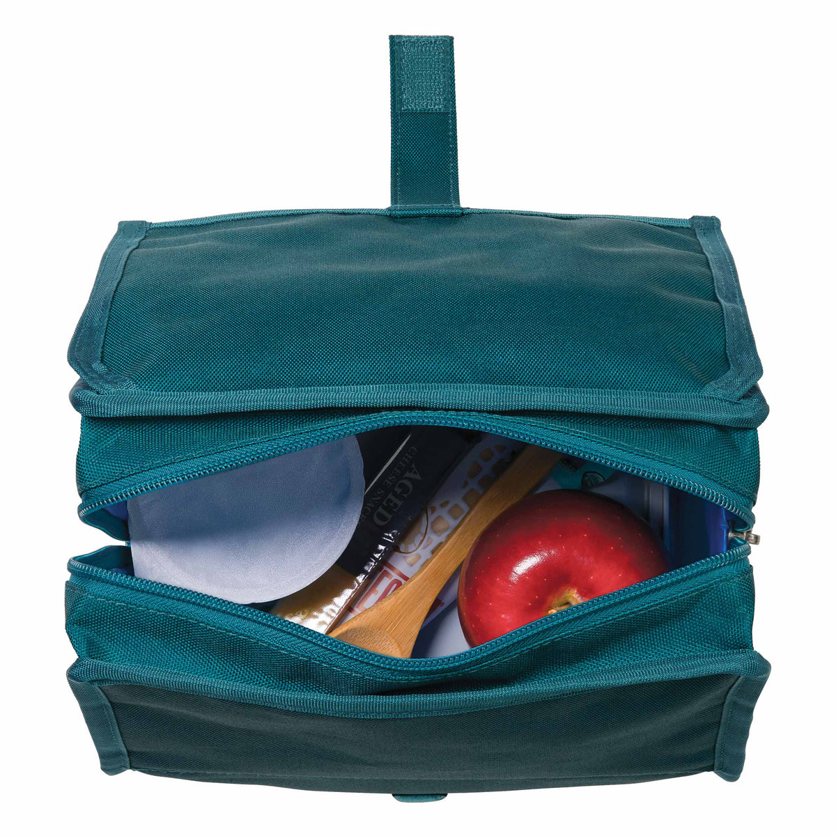 freezable-lunch-bag-h4 freezable-lunch-bag-deep-teal-top-view-packed.jpg