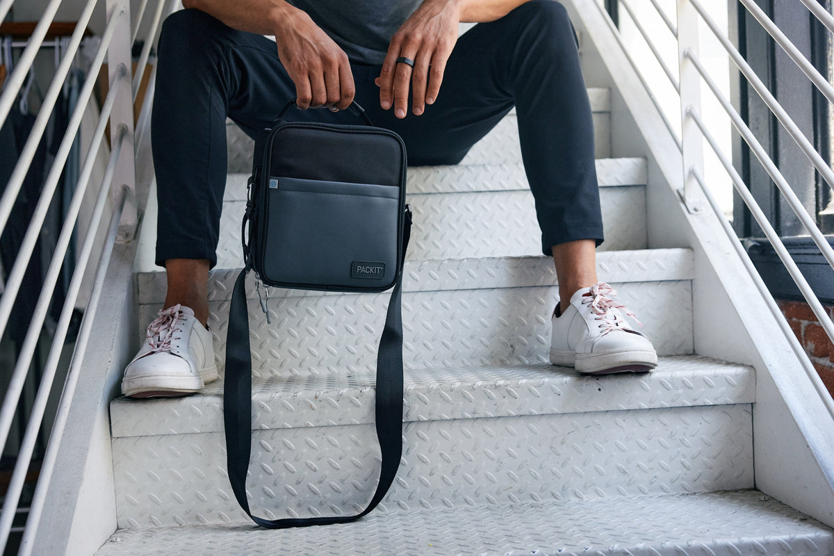 freezable-upright-lunch-box-k1 freezable-upright-lunch-box-black-gray-lifestyle-model-bag-only.jpg